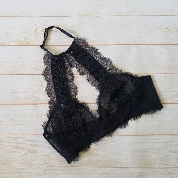 Victoria's Secret Eyelash Lace Mesh Keyhole Front Halter Bralette Black Medium - Picture 3 of 11